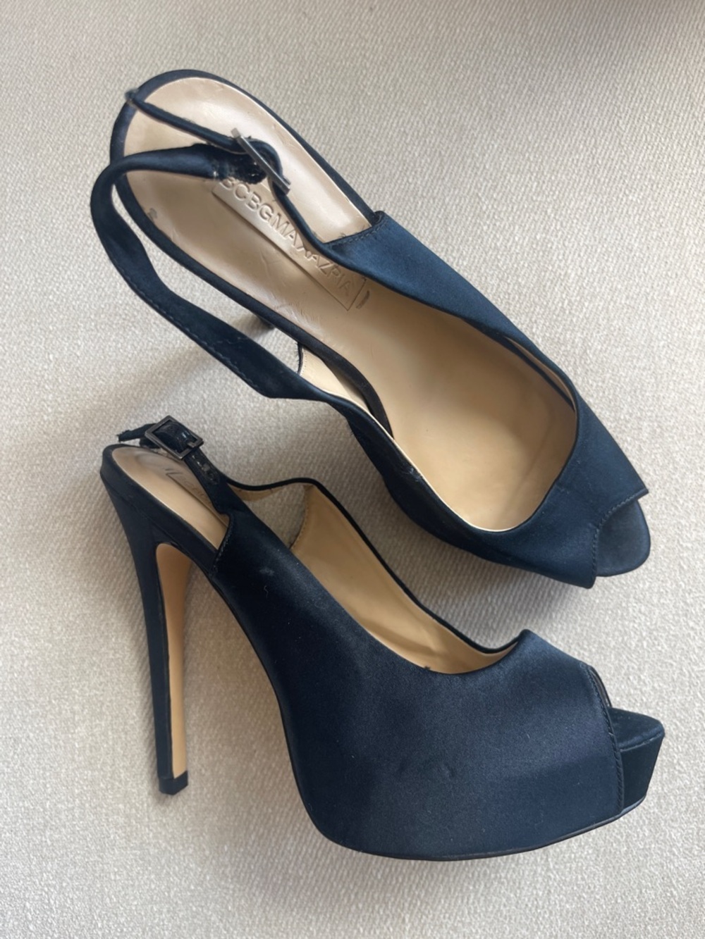BCBG Max Azria Black Satin Slingback Heels | Size 8 | Stiletto Platform Pump